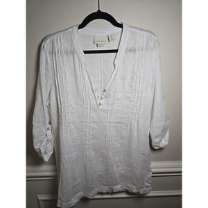 CYNTHIA ROWLEY  NY Women 100% Linen Lightweight Pearl White Loose Tunic Shirt SP
